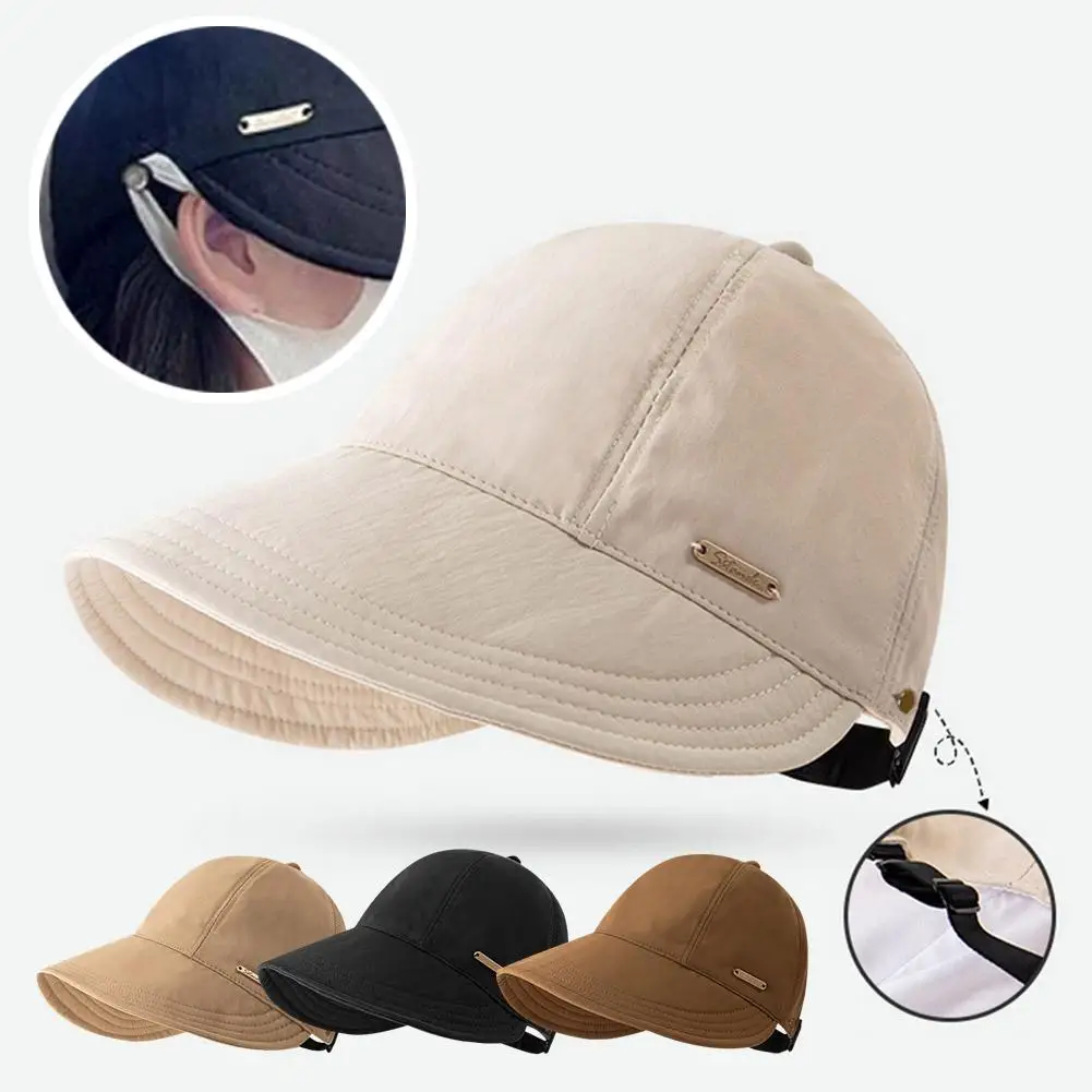 Faltbarer Sommervisier-Sonnenhut mit breiter Krempe, Kordelzug, verstellbare Sonnenkappe für Frauen, Pferdeschwanz, Sommer, schnell trocknende Visiere, Fischerkappe