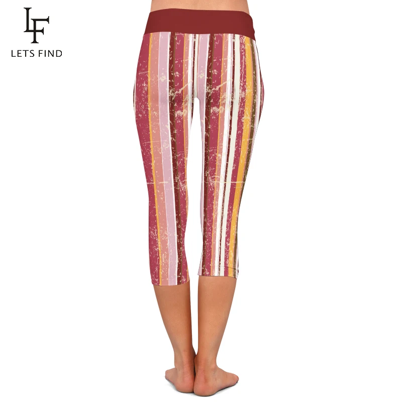 LETSFIND New Women High Waist Capri Leggings Fashion Casual Striped Printing  Mid-Calf 3/4 Stretch Leggings for Summer