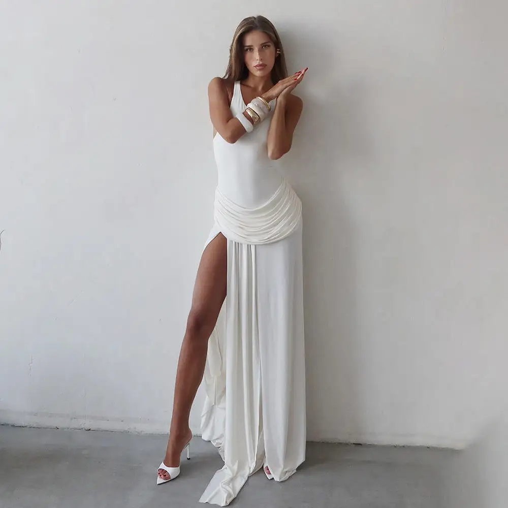 Ele Slit Summer Dr Sexy Svel Długa Spódnica do Ziemi z Okrągłym Dekoltem, Jednolita, z Wysokim Stanem, Asymetryczna Spódnica dla Kobiet