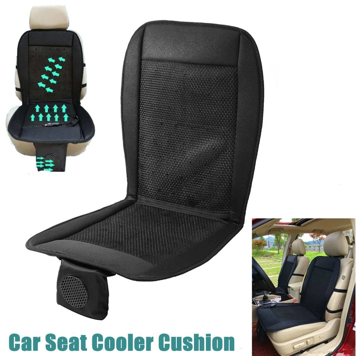 12V Cooling Summer Car Seat Cushion Cover WITH/ Air Ventilation Fan Conditioned Pad Black