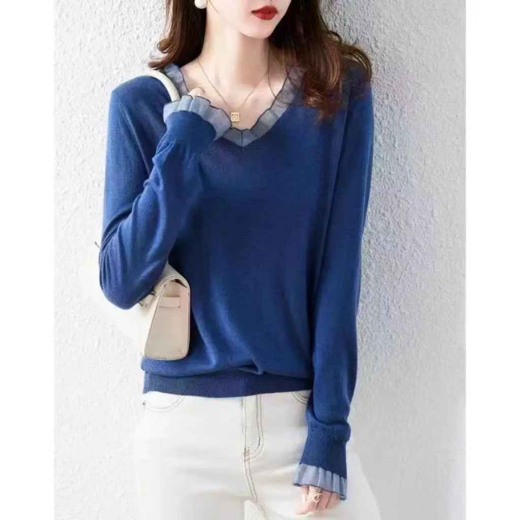 

Women's French-style Wood-ear Stitching V-neck Sweater Long-sleeve Casual Color Match All-match Autumn Winter Sweater