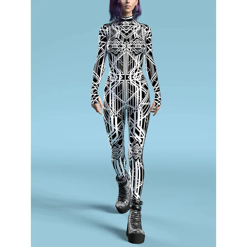 أبيض وأسود نمط Zentai البدلة هالوين تأثيري Morphsuit النساء الهذيان داخلية حللا الجوارب كرنفال حفلة تنكرية
