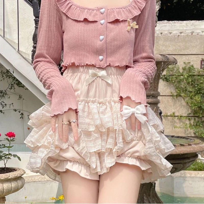 DEEPTOWN Kawaii Ruffle Skirt Women Coquette Cute Lolita High Waist A-line Bow Lace Fairycore Mesh Mini Skirt Summer Mori Girl