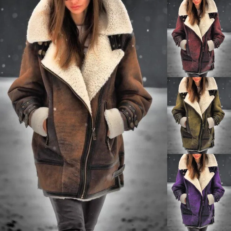 

Winter Thiened Leather Fur Inteated Women's Coat New Arrival Warm Wi Large Coat Loose Fit Long Sve Zipper Closure