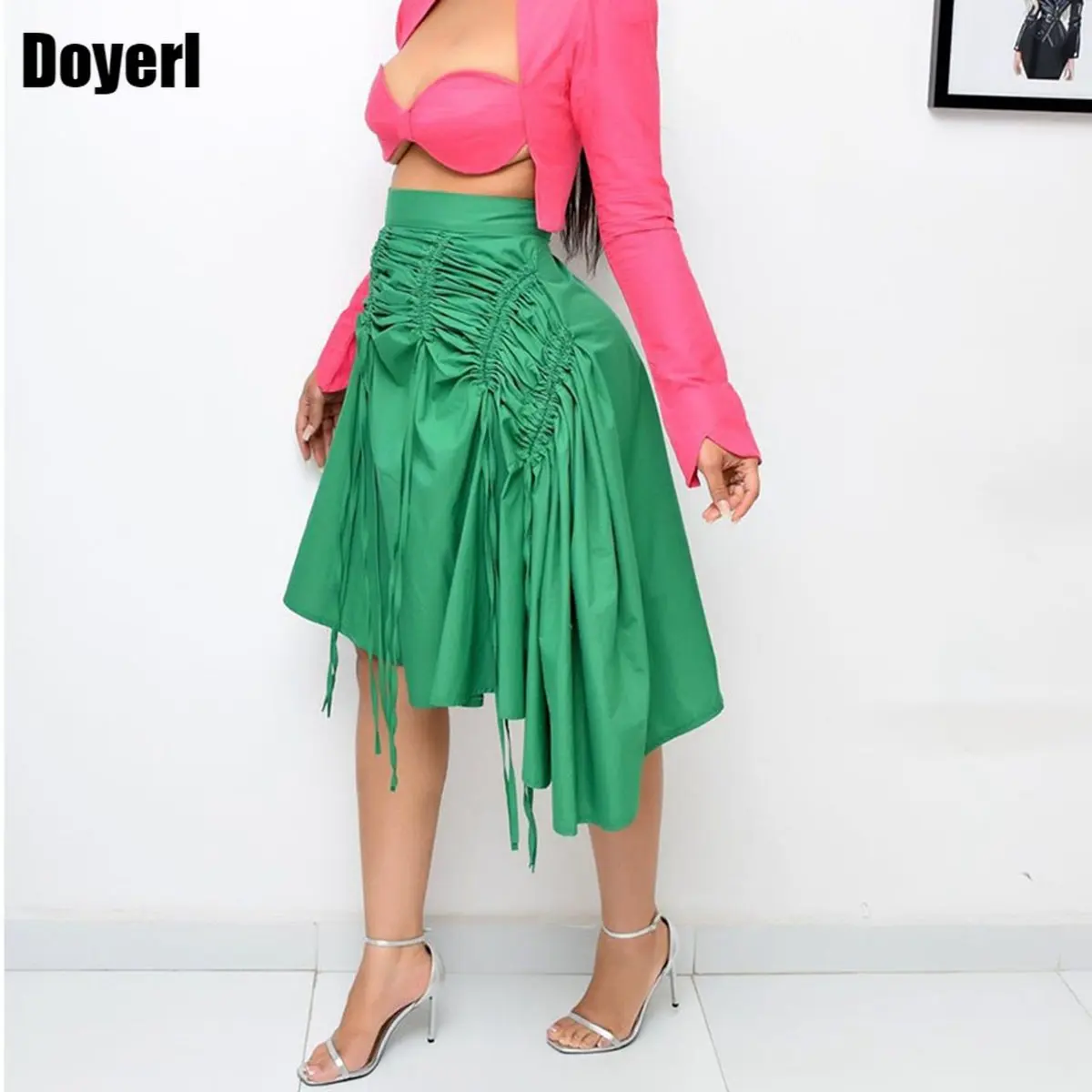 

Ruched Drawstring Skirt Women High Waist Irregular Pleated Midi Skirt Korean Style Office Lady Knee Length A Line Summer Skirt