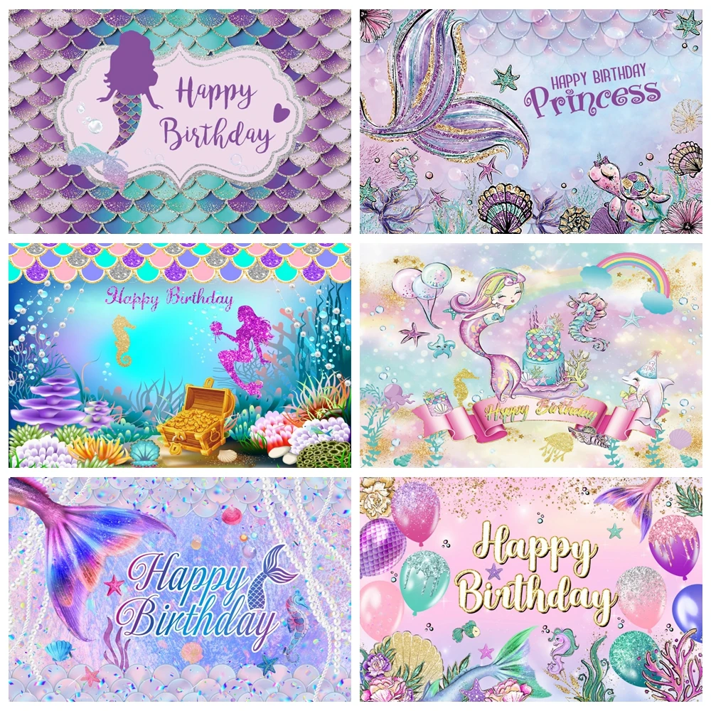 Mermaid Backdrop Birthday Girl Princess Under The Sea Scale Shell Tail Newborn Baby Shower Birthday Party Photography Background