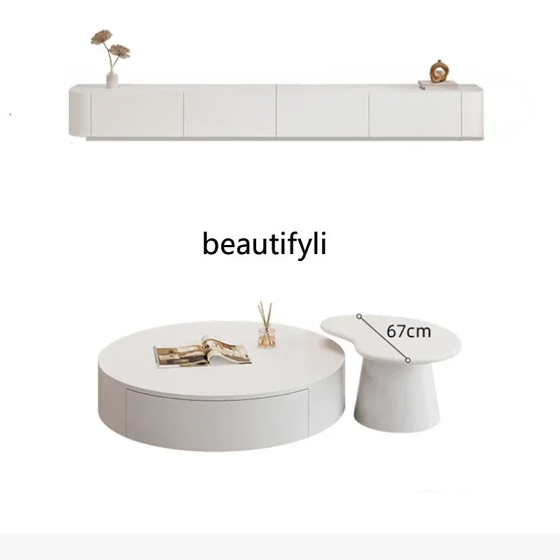 

xz1Minimalist Style TV Cabinet and Tea Table Combination Modern Small Apartment Solid Wood Cream Style Stone Plate TV Stand