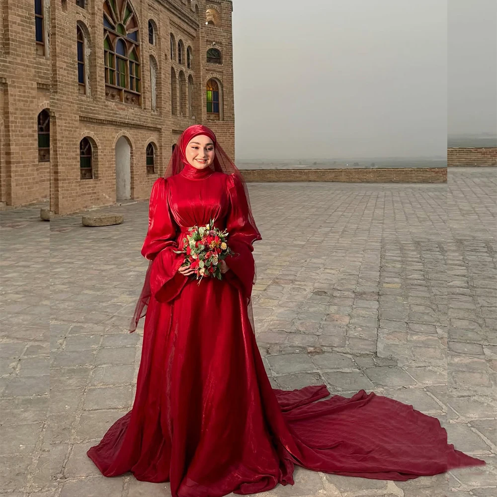 

Muslim Wedding Dresses with Hijab High Neck Colorful Women Dress Flare Sleeves A-Line Sweep Train Pleat Bridal Gown Customized