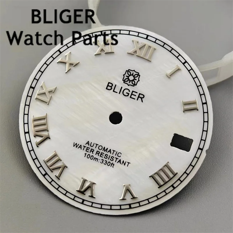 BLIGER arloji 29mm NH35, Dial jam tangan mutiara putih Sunburst merah muda biru coklat dengan indeks Roma cocok gerakan NH35 3 o jam tanggal jendela