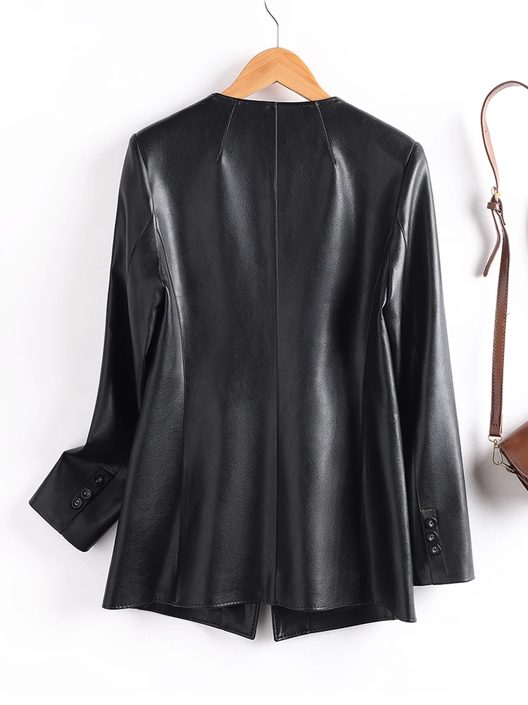 Giacca in Pelle da Donna Primavera 2025, Vestibilità Slim, Cappotto Corto in Vera Pelle di Pecora Haifeng, Scollo a V, Manica Lunga, Stile Commuter