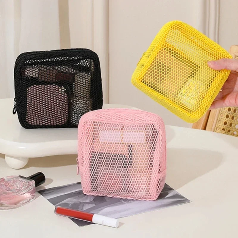 Square Mesh Cosmetic Bag Portable Lipstick Cosmetic Storage Bag with Zipper Multi-purpose Sundries Storage Bag Cute Student Case