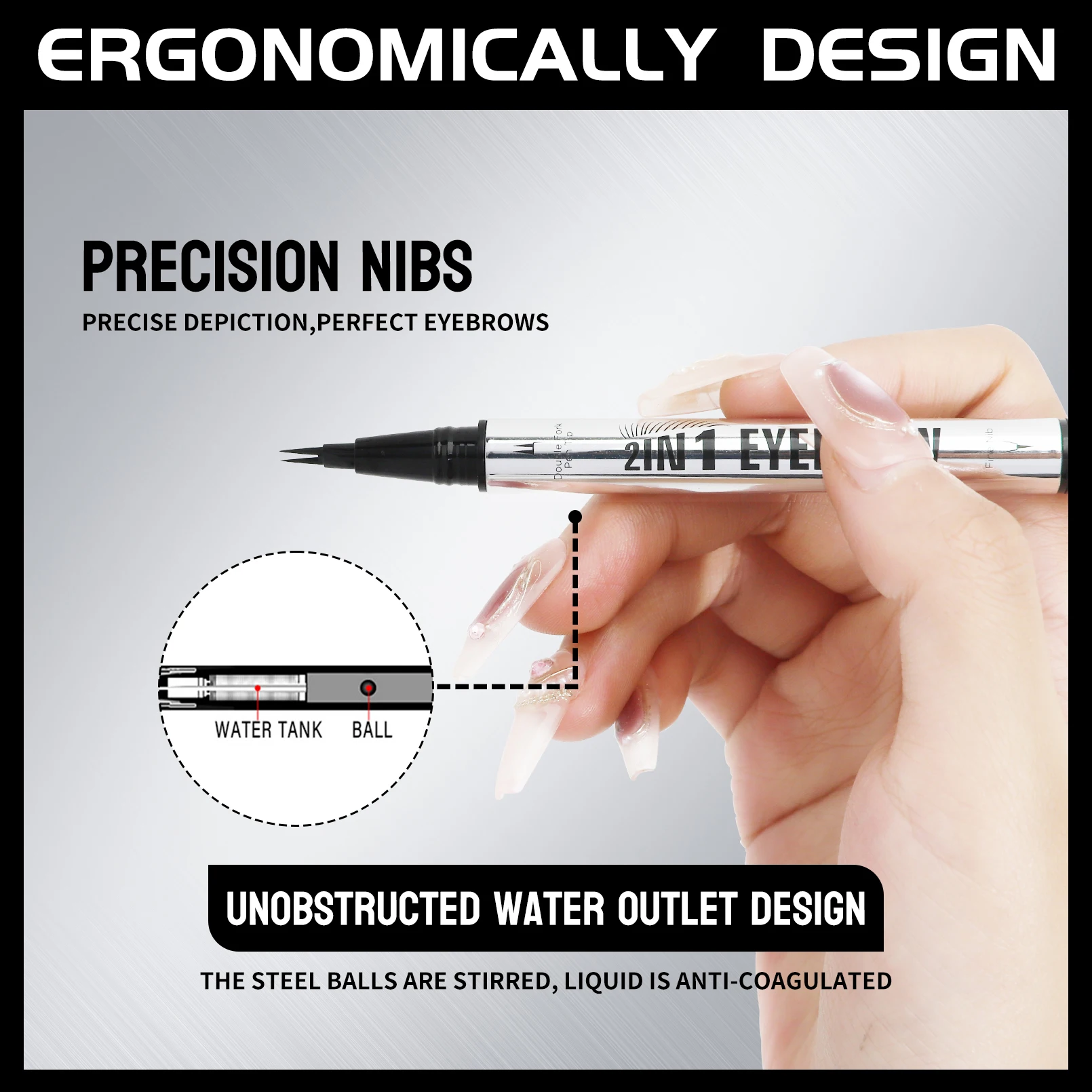 Two-Pronged Dual-Head Two-In-One Eyebrow Pencil, Light Brown, Brown, Dark Brown, Black-Brown, Black Liquid Eyebrow Pencil, Ultra-Fine Lines, Easily Creates Natural-Looking Eyebrows, Long-Lasting, Waterproof, Sweat-Proof, Does Not Smudge, Suitable for Beginners and Professional Makeup Artists