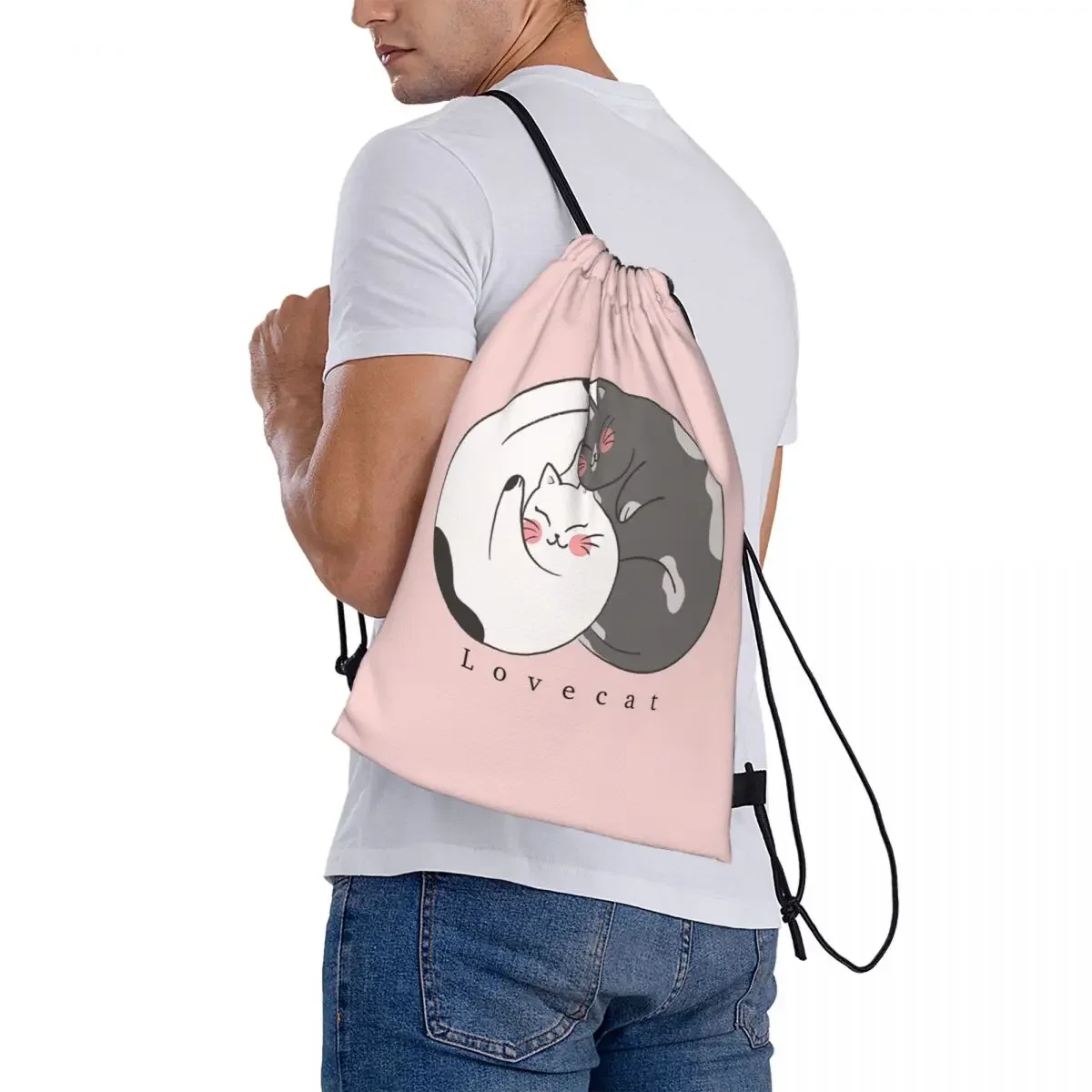 Cats Hugging Backpacks Fashion Portable Drawstring Bags Drawstring Bundle Pocket Sports Bag BookBag For Man Woman School