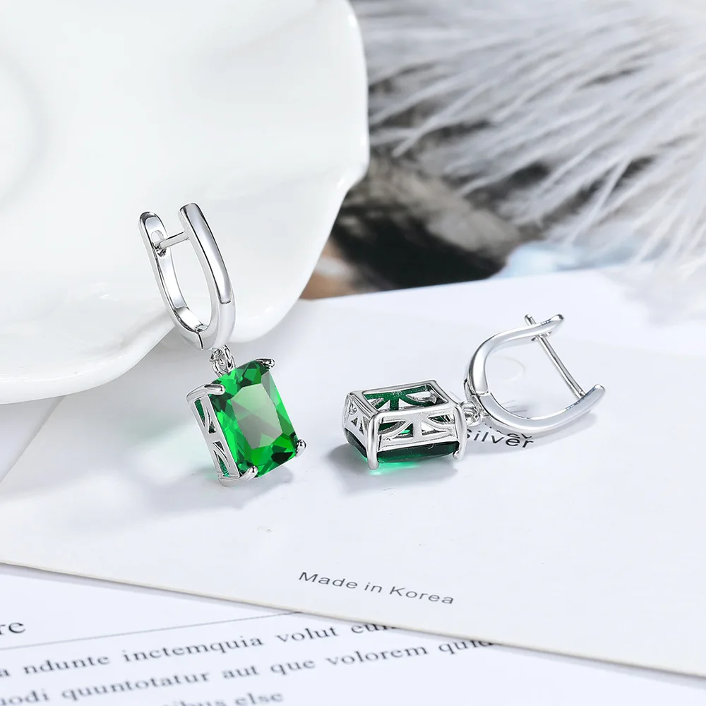 1.6ct Emerald Cut Green Simulated Nano Emerald 925 Sterling Silver Rectangle Drop Earring for Woman Statement Gemstone Jewelry