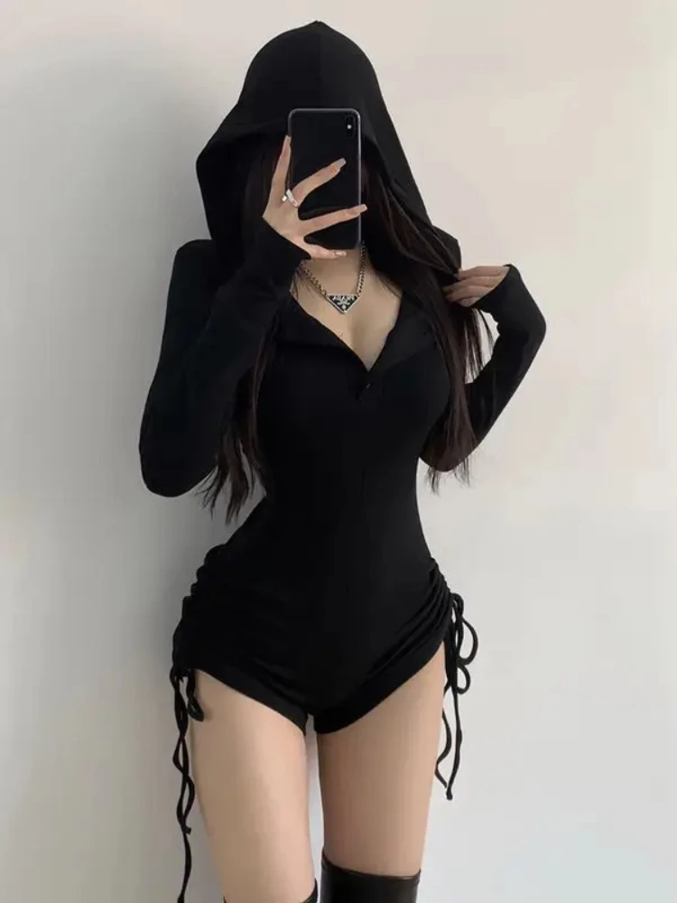 Bodysuit Y2k Winter Clothes 90s Vintage Korea Hooded Slim Casual Shorts Jumpsuits Long Sleeves Femme Korea Aesthetic Punk Bodys