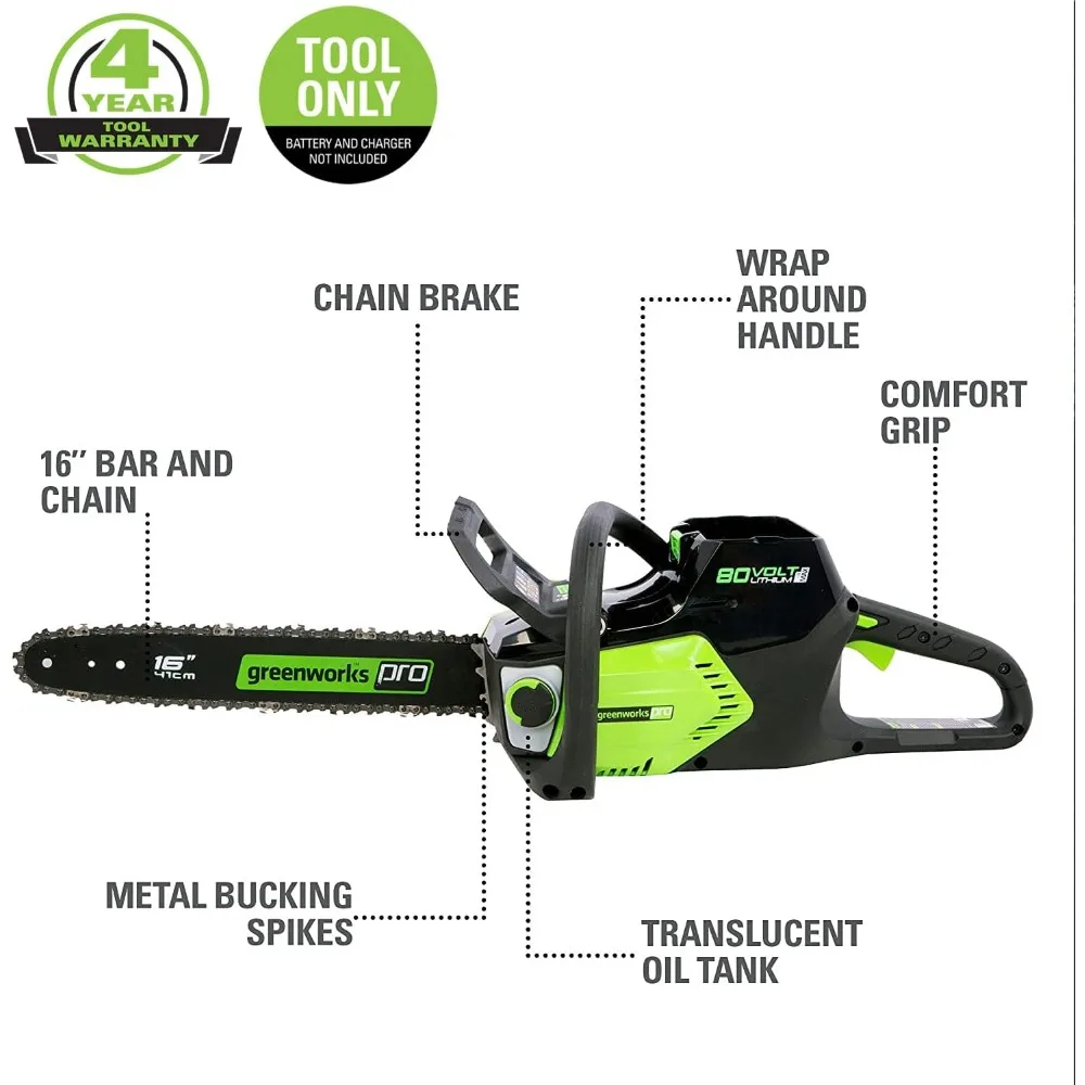 منشار كهربائي بدون فرش مقاس 80- فولت 16 بوصة من Greenworks لقطع الأشجار والتشذيب والتقليم وإعداد الحطب لأكثر من 7 سنوات