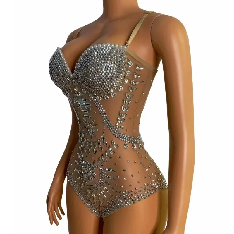 반짝 이는 실버 크리스탈 레오타드 섹시한 메쉬 클럽 파티 여성 가수 DJ 폴 댄스 라인 석 바디 슈트 섹시한 무대 댄스 의상