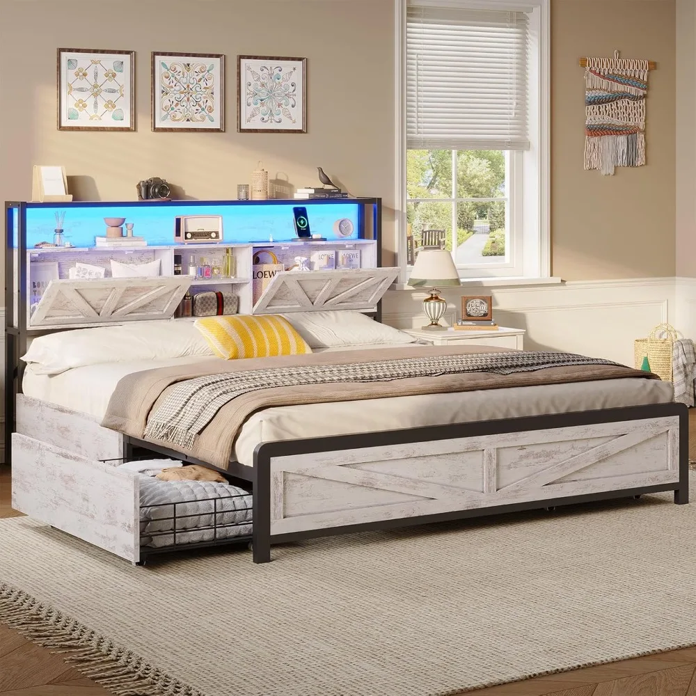 Full Size Bed Frame with Storage Headboard & Charging Station Headboard with Hidden Storage LED Bed Frame with Drawers