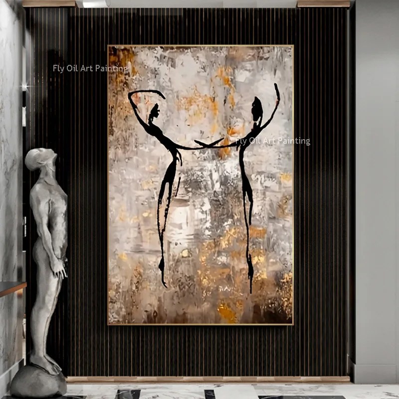 Brown And Grey Abstract Thick Canvas Oil Painting Hand Painted Black Brown Couple Dancing Wall Art Original Design For Decor