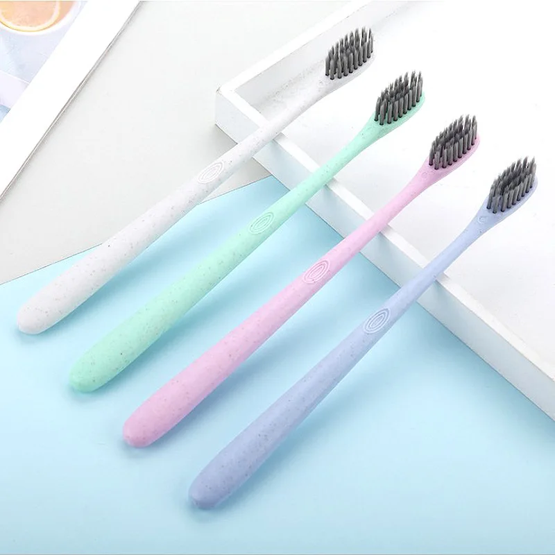 Ensemble de brosses à dents en paille de blé pour adultes, charbon de bambou, poils doux, voyage, ménage, livres de dents profonds