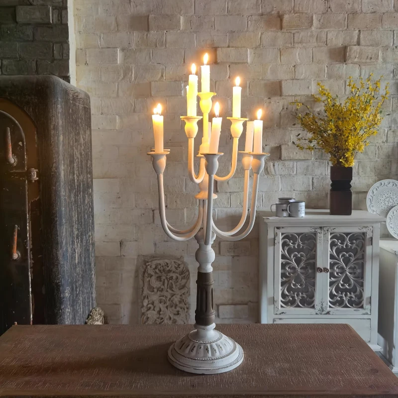 European retro candle holder wrought iron, candle holder solid wood old romantic dining table