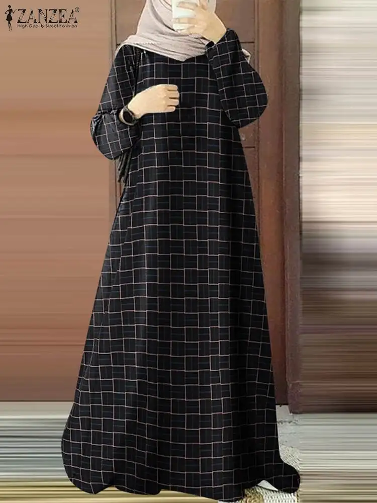 ZANZEA Women Casual Loose Plaid Maxi Dress Muslim Fashion O Neck Puff Sleeve Checked Abaya Robe 2024 Autumn Holiday Kaftan Dress