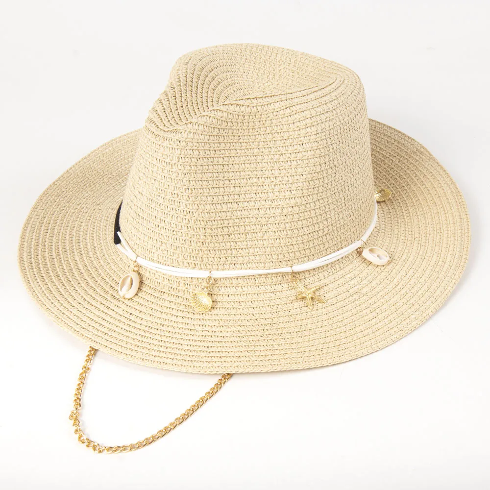 2024 Design Metal Shell Sun Hat With Chain Women Straw Hats Summer Elegant Panama Hats Beach Accessories Foldable