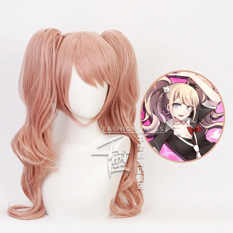 Enoshima Junko Cosplay Wig Anime Danganronpa Cos Pink Long Wavy With Free Ponytail Clip White Black Bear Hairpins Girl