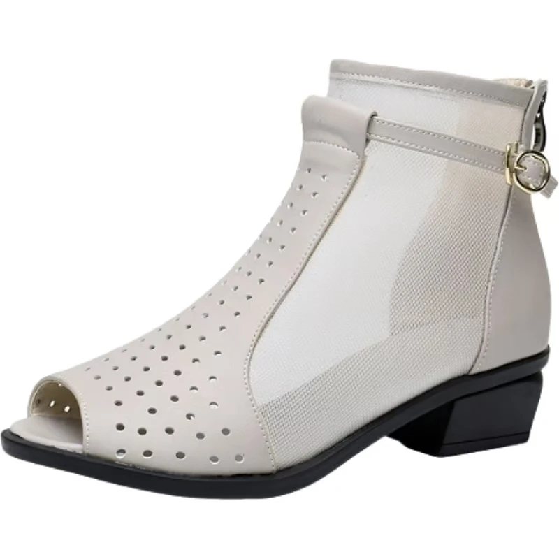 

Women Real Leather Mesh Big Size Ankle Cool Boots Summer New Soft Sole Non Slip Breathable Block Heel High Top Fashionable Boots