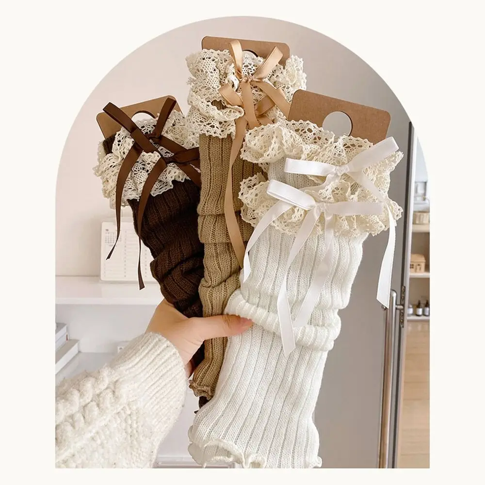Korean Style Solid Color Lace Leg Warmers Lace Trim Sweet Style Foot Cover Knitted Elastic Long Stockings Winter Season