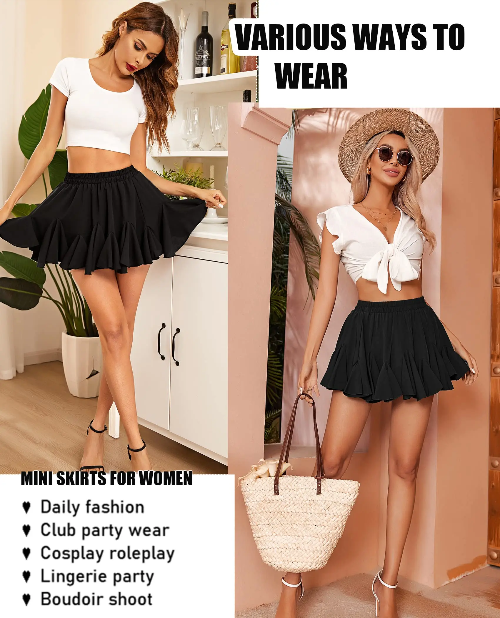 Women's Pleated Skater Skirt Basic Casual High Waisted Ruffles Flared Mini Lingerie Skirts