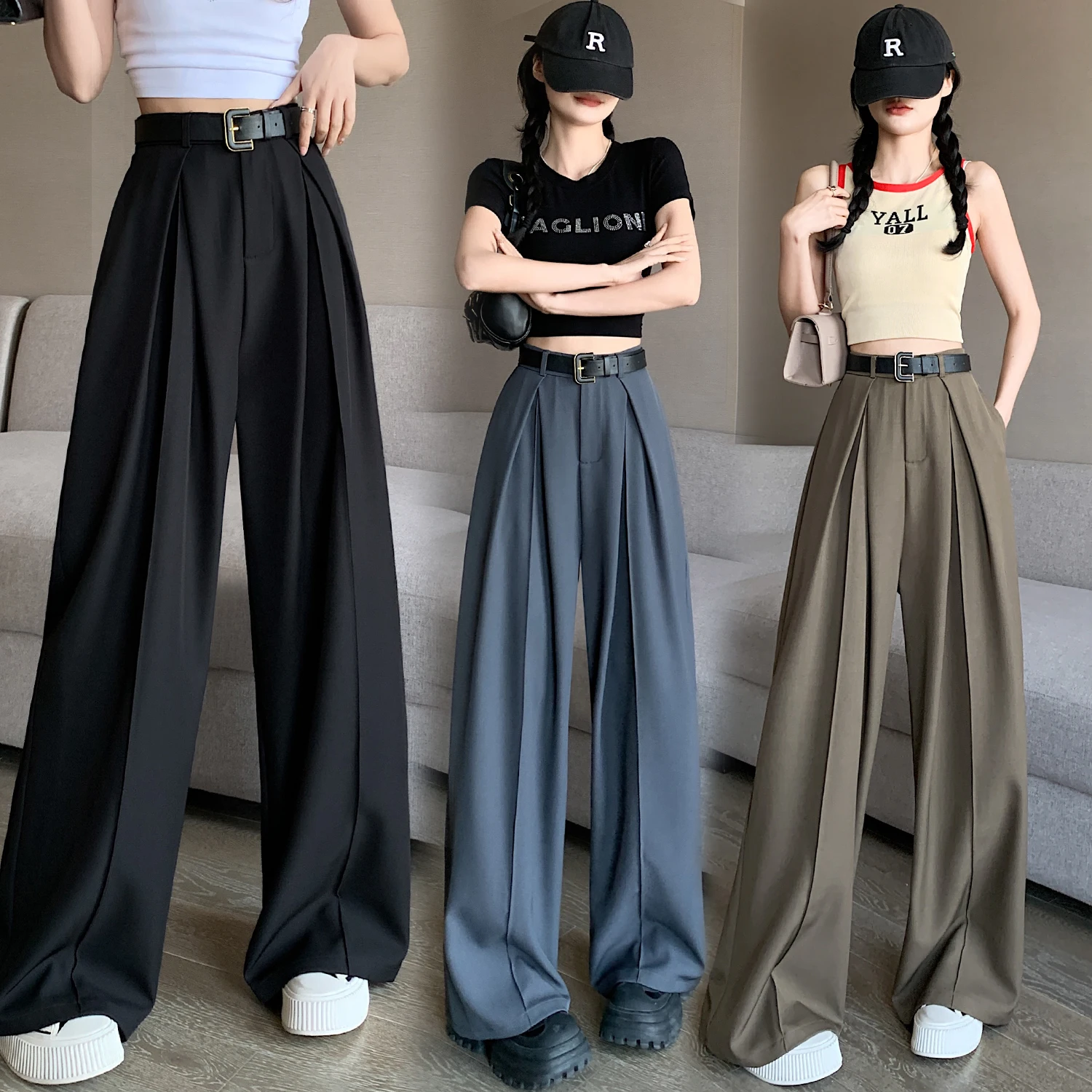 2024 new real shot ~ plus size women\'s autumn wide leg pants sagging slim high waist loose floor casual suit pants