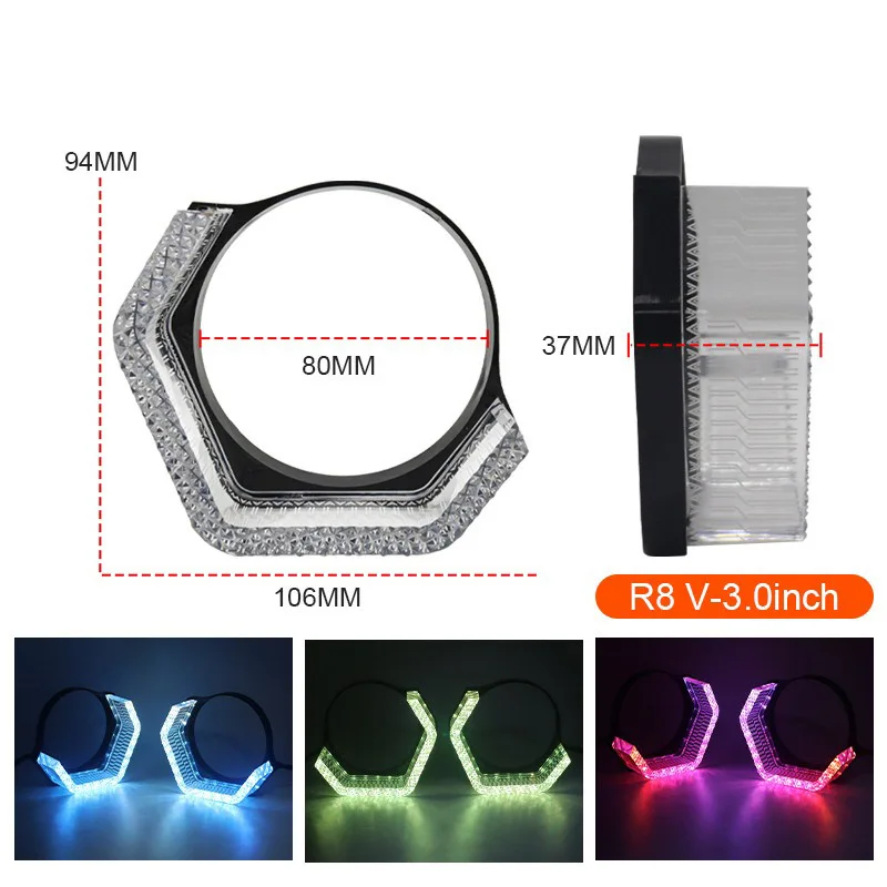 

3 Inch Bi Led Projector Lens Decorative Mask for Motorcycle Car with RGB Angel Eyes Bluetooth Control