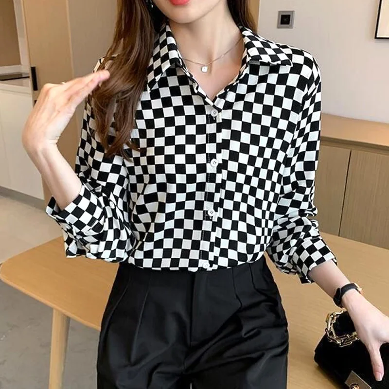 Thin Autumn Winter Loose Women Shirt Vintage Lattice Blouses Button Turn-down Collar Temperament Cardigan Women\'s Clothing 2022