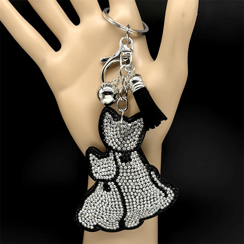 Gothic Schwarz Weiß Katze Schlüsselbund für Frauen Männer Silber Farbe Legierung Voller Strass Tasche Anhänger Schlüssel Ring Paar Schmuck Geschenk