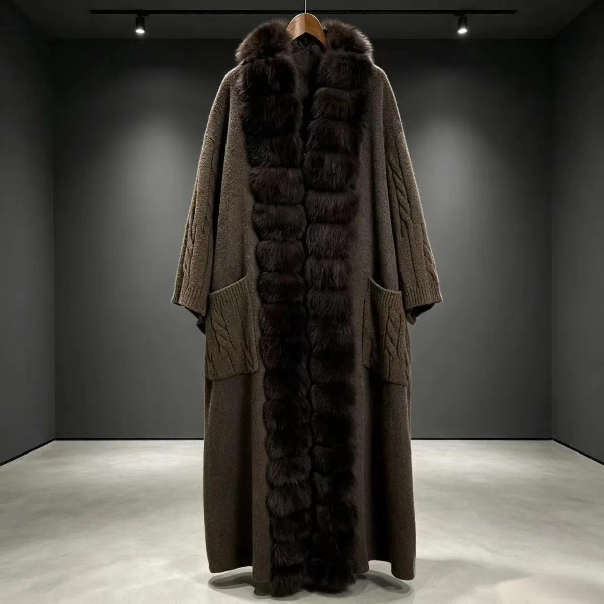 New Luxury Winter Real Natural Fox Fur Collar Woolen Blends Knit Long Overcoats Women Loose Warmth Cashmere Fur Jacket