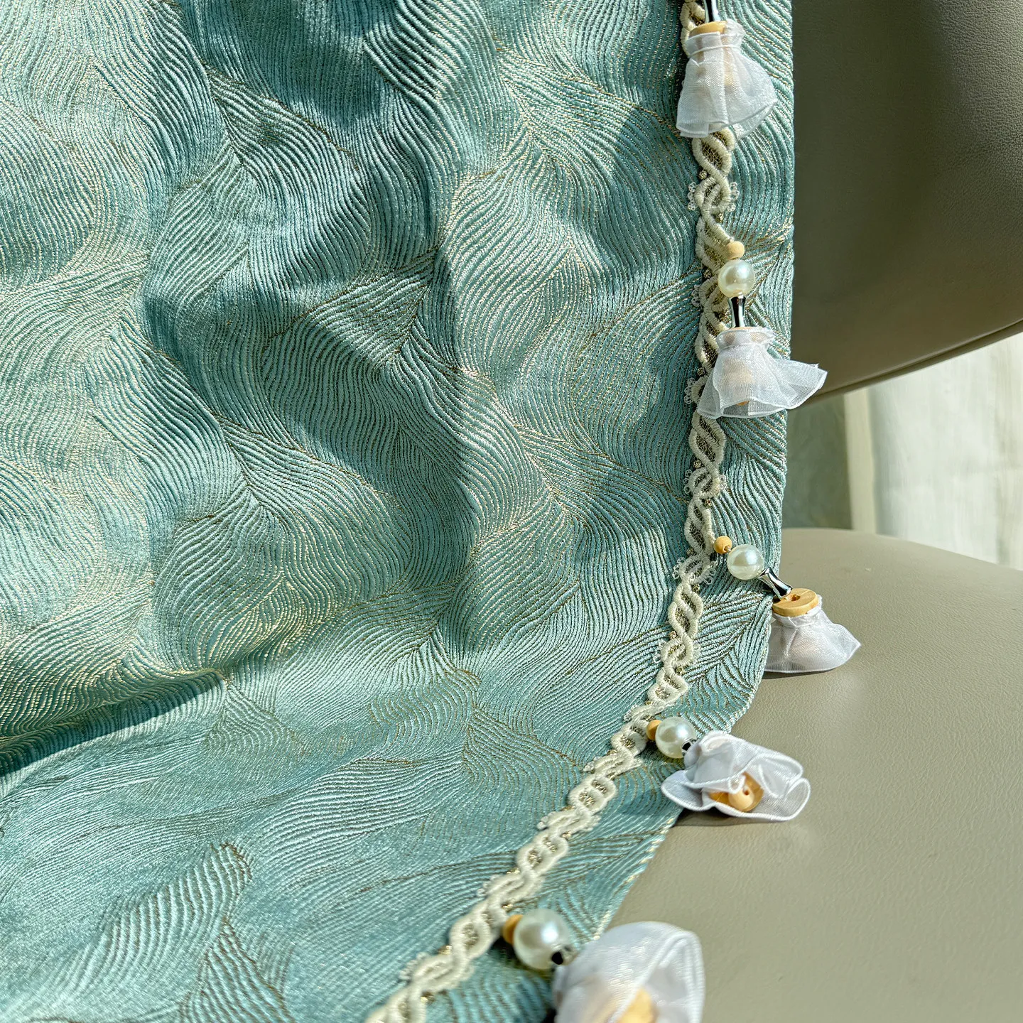 Gradient Lake Green Gold Wire Jacquard Thickened Blackout Curtains for Living Room Bedroom Partition Curtains Customized Villa