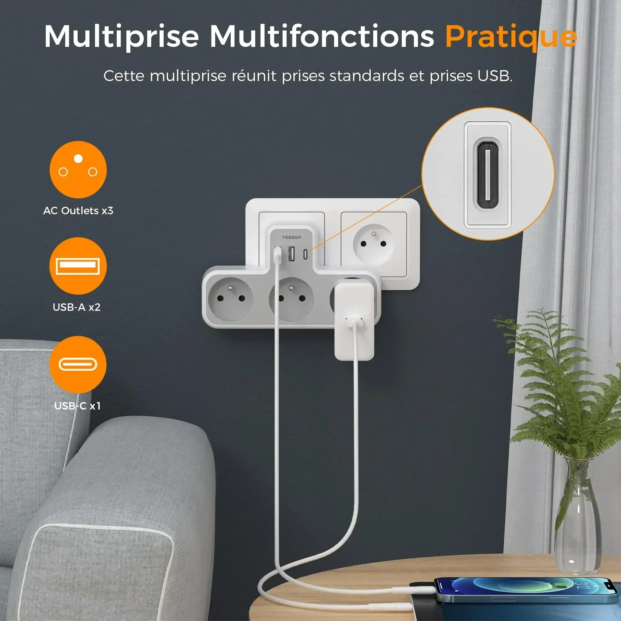 TESSAN FR To EU Plug Power Strip with 3 USB (1 USB C) 3 French Outlets Multi Wall Socket Power Adapter with Overload Protection