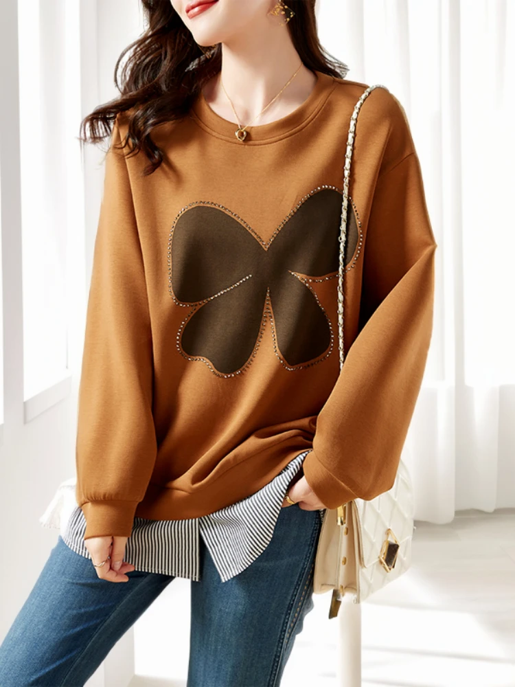 

Woman Tops Rhinestone Glitter Sweatshirt for Women Splicing Graphic Sequin Round Neck Pullover Spring and Autumn Sport Cotton E