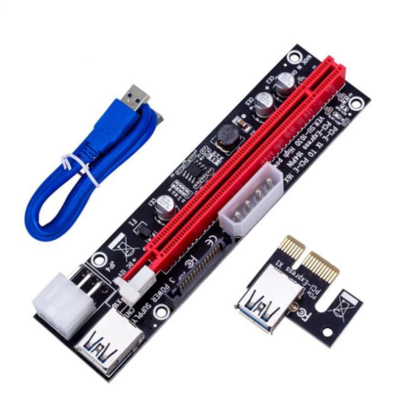 NEW-VER103D 3In1 Power PCI-E Riser การ์ด LED 4Pin 6Pin Sata 15Pin PCIE 1X To 16X60 ซม.สายสําหรับ Bitcoin Miner