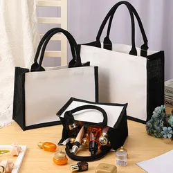 Black/White Women Girl DIY Blank Grocery Handbag Large Capacity  Foldable Travel Storage Organizer Jute Burlap Tote Bags