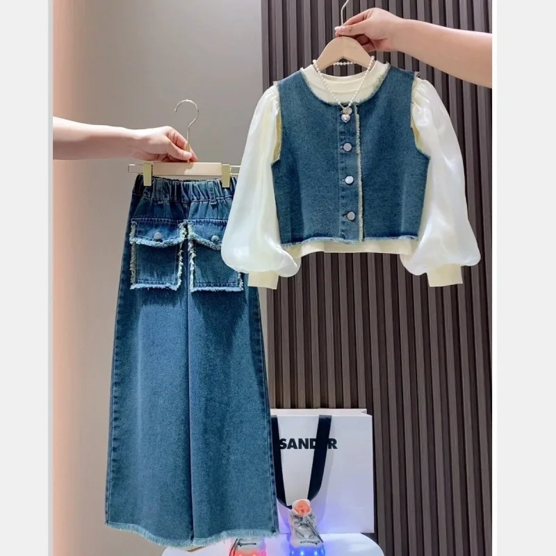 

Girls Suits 2024 Fall Fashion Girl Baby Long Sleeve Vest Pants Three-piece Spring and Autumn Sets Korean Simple Style Clothes