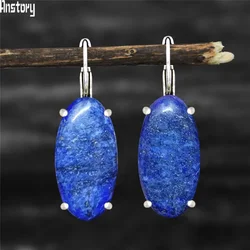 Big Vintage Eye Shape Natural Lapis Tiger Unakite Earrings For Women Antique Silver Plated Natural Stone Fashion Earring