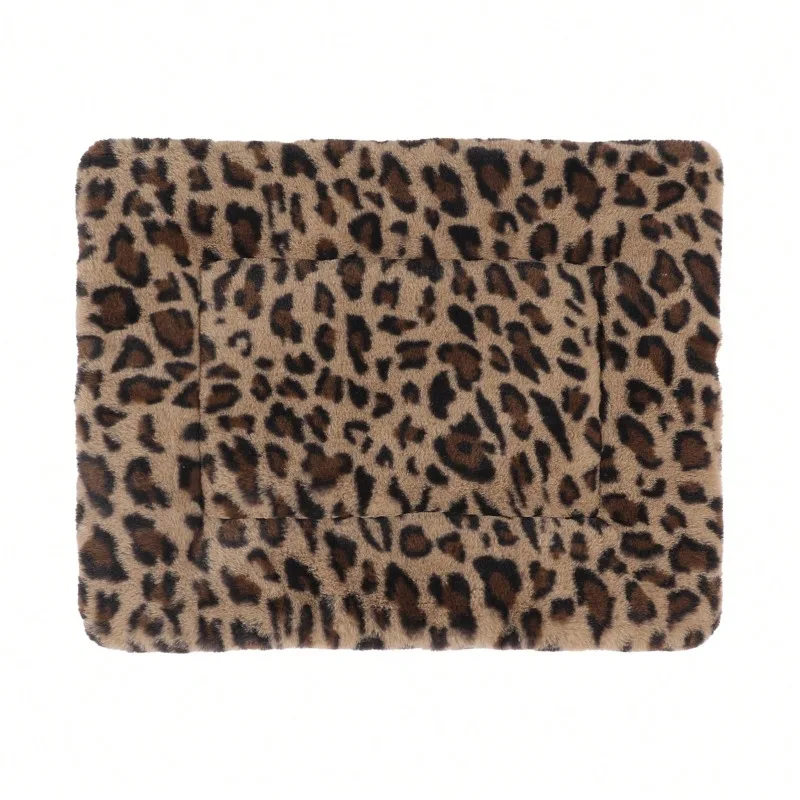 1pc Leopard Print Plush Pet Mat, Reversible Plush Pet Mat Ultra Soft Dog Cat Crate Mat Sleeping Cushion Pad Machine Washable
