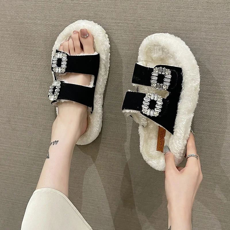 Thick Bottom Woolly Slippers Women's Double Row Large Size New Line with Drill Flip-flops Outside Wear Plus Cashmere Cotton Drag