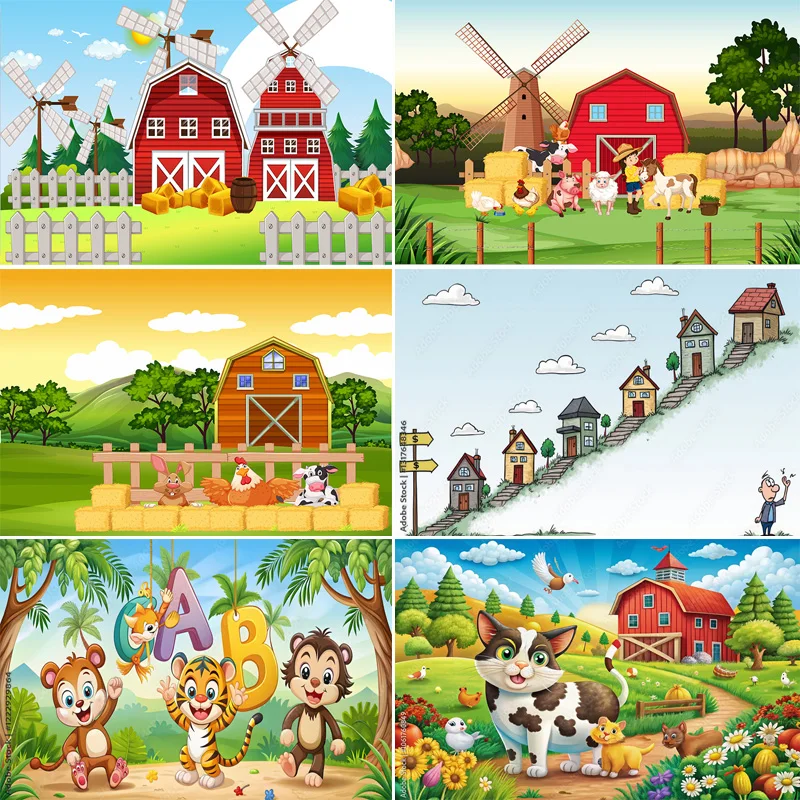 

Farm Scene Old Farmer Man And Cute Animals Photography Backdrops Red Barn Windmill Dairy Cow Birthday Party Background NC-02