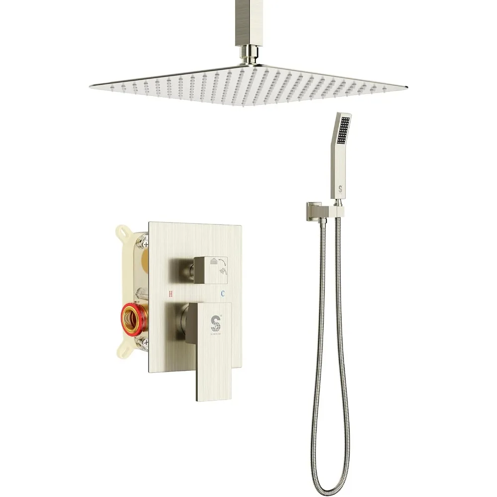 

Luxury 12-Inch Ceiling-Mounted Brushed Nickel Shower System with Rainfall Mixer Combo
