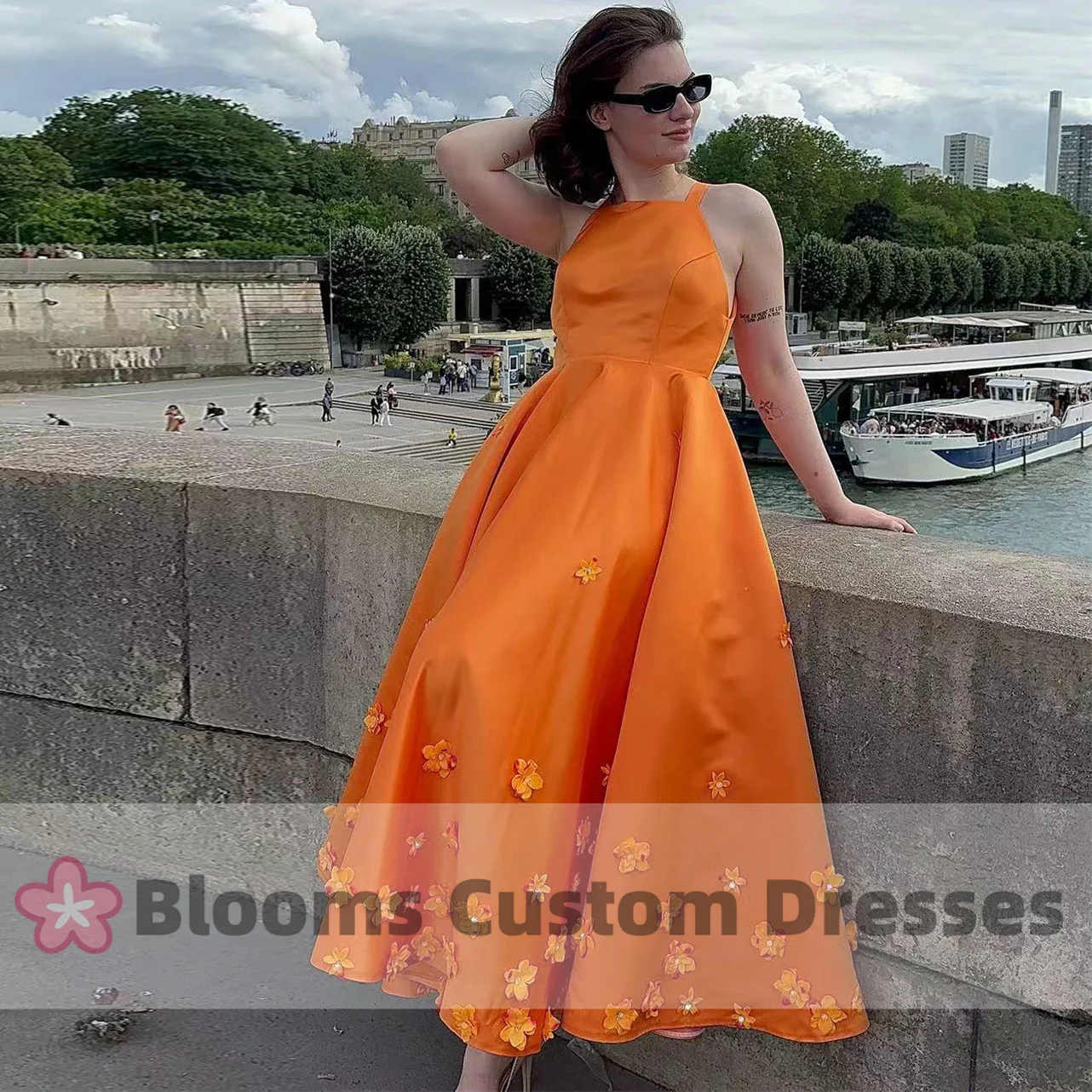 

Blooms Orange Sleeveless Prom Dresses Flowers A-Line Satin Gorgeous Evening Dress 2024 Wedding Guest Formal Party Gown