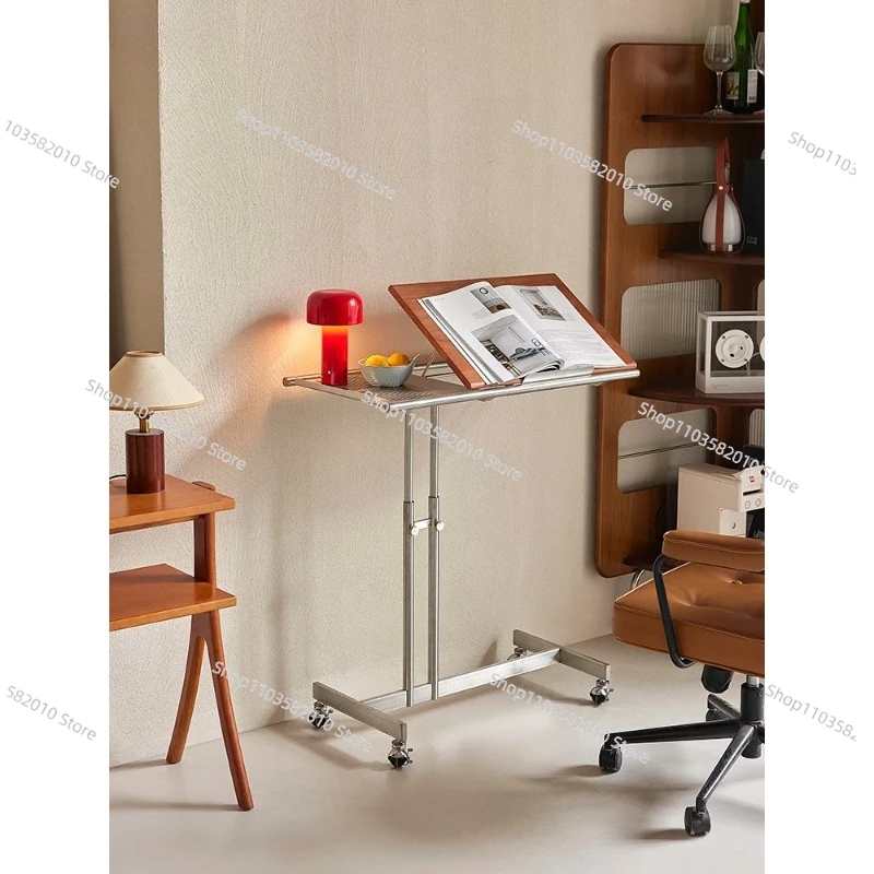 Living Room Mobile Solid Wood Trolley - Liftable Bedside Table with Steel Edge & Music Stand