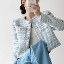 Elegant Pearls Buttons Cropped Jacket Women Korean Fashion Round Neck Tweed Coat Female Pockets Chic Outwear Short Tops Clothes